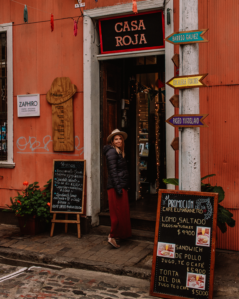 jenn in front of restaurant in chile